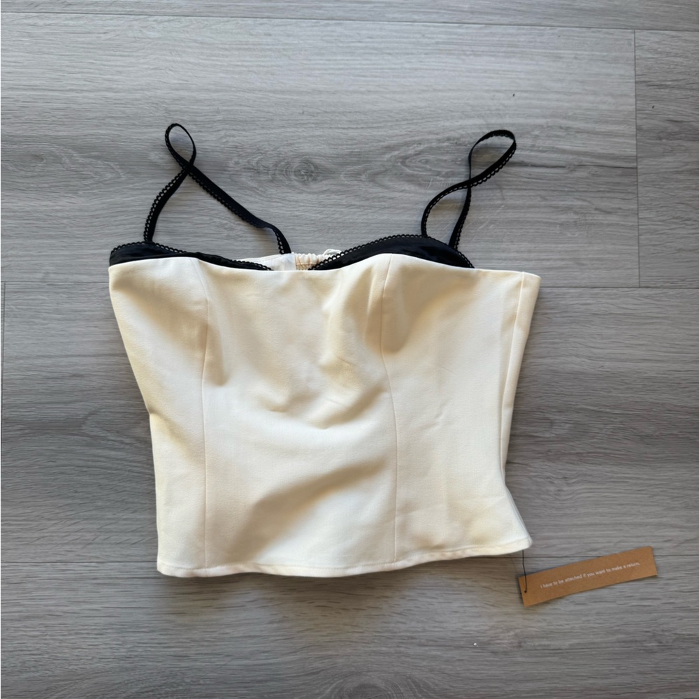 Reformation Cream Bustier Crop Top with Black Trim and Straps